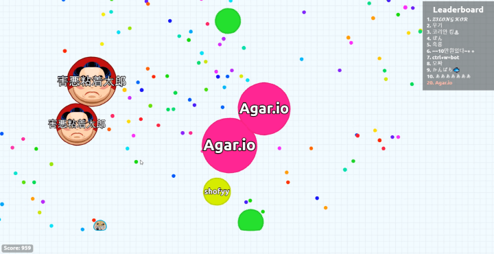 세포키우기-게임하기-아가리오(Agar.io)-플레이-세포가-두개로-분열된-화면