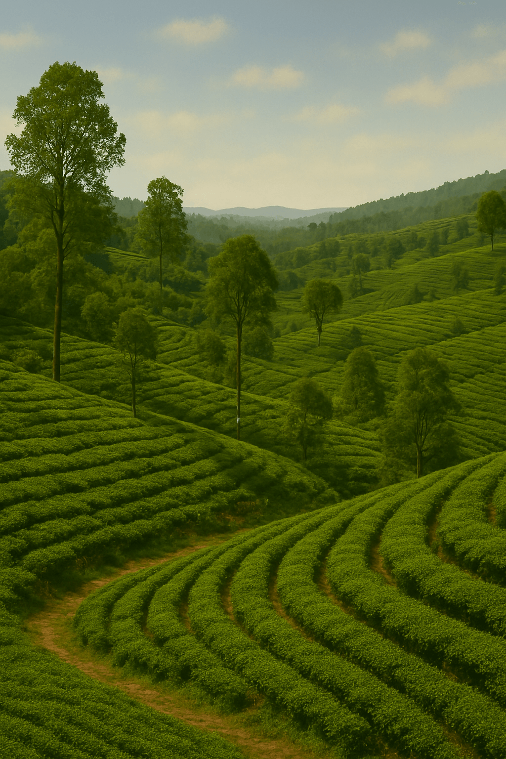 스리랑카 고산지대 누와라엘리야의 푸른 차밭이 구불구불한 언덕을 따라 끝없이 펼쳐져 있고, 멀리 산 안개가 어렴풋이 보이는 목가적인 풍경.