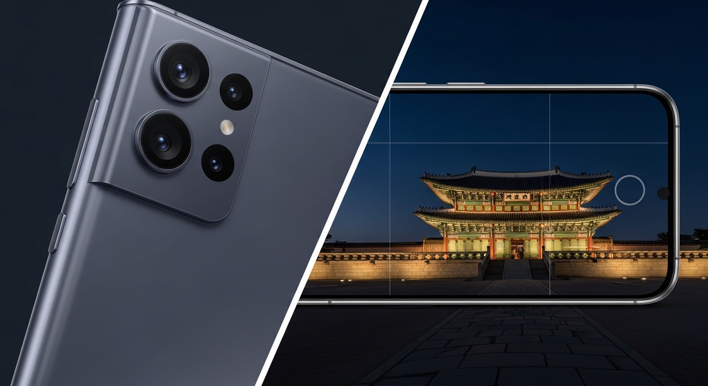 갤럭시 S26 울트라의 카메라 모듈과 야간에 촬영된 한국 전통 궁궐의 풍경이 대비되어 카메라 성능을 강조하는 이미지.