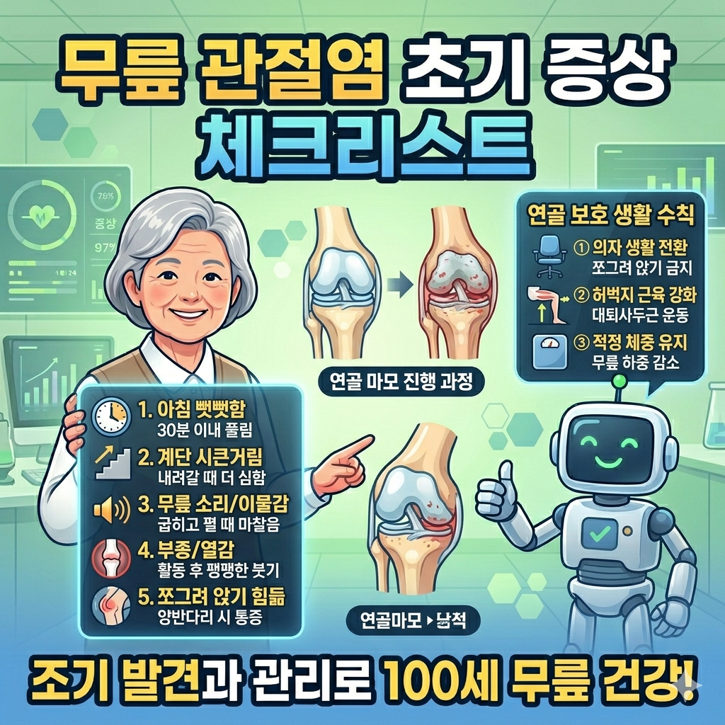 무릎 관절염 초기 증상 5가지 자가진단 체크리스트와 쪼그려 앉지 않기, 허벅지 근육 강화 등 연골 보호를 위한 생활 수칙을 요약한 전문 인포그래픽 썸네일