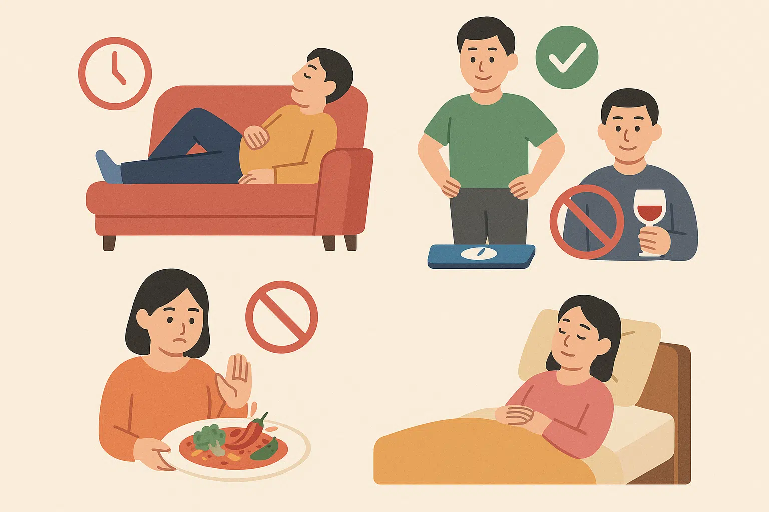 역류성 식도염 생활습관 — 식사 후 바로 눕지 않기, 적정 체중 유지, 자극적인 음식 피하기, 금연·금주, 상체 높여 자기