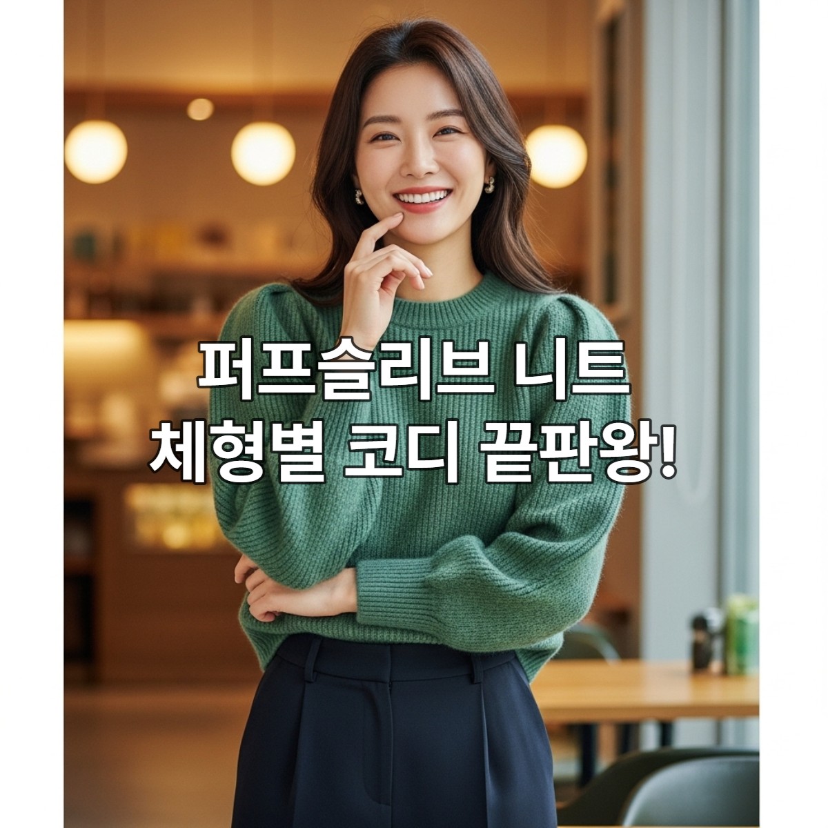 세련된 한국 여성이 퍼프슬리브 니트를 입고 자신감 있게 포즈를 취하는 모습, 겨울 패션 코디 예시