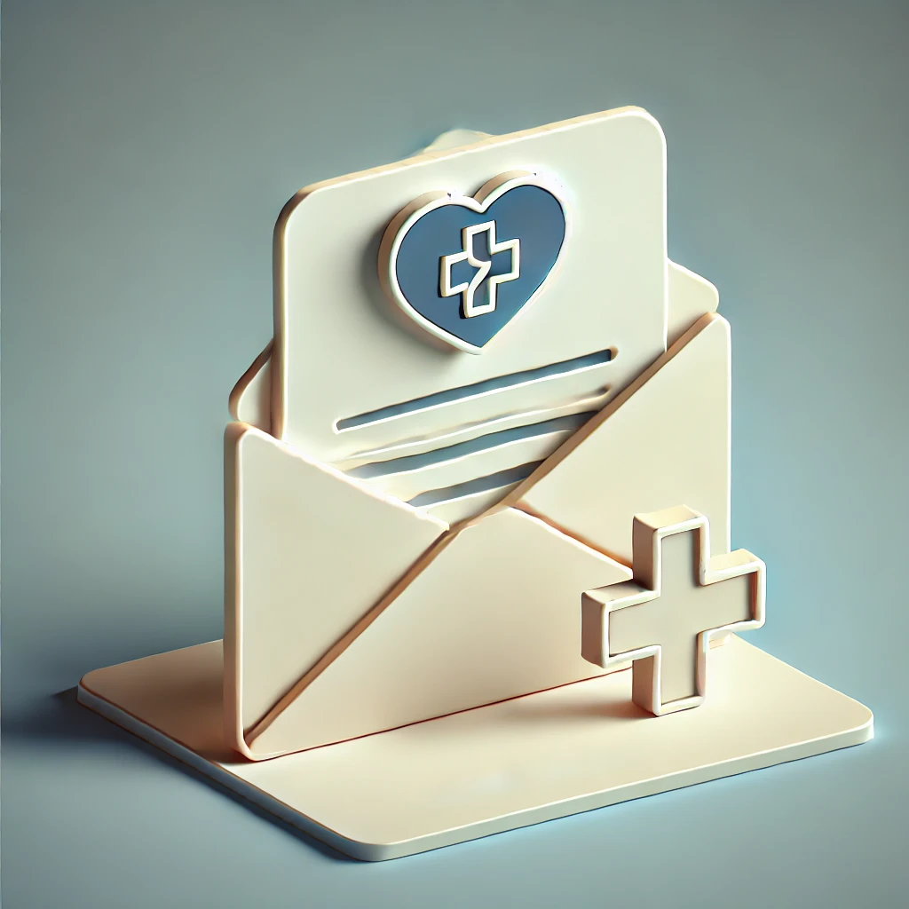 하트 아이콘과 의료용 십자가 심볼이 있는 봉투로 환자를 향한 따뜻함과 응원을 상징하는 이미지