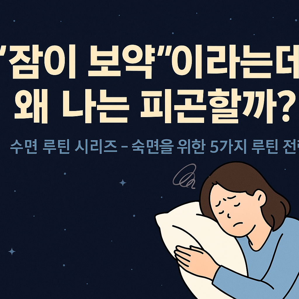 숙면을 위한 수면 루틴 시리즈를 소개하는 한국어 인포그래픽 이미지로, 침대와 수면 환경, 루틴 아이콘이 포함된 플랫 스타일 일러스트 디자인