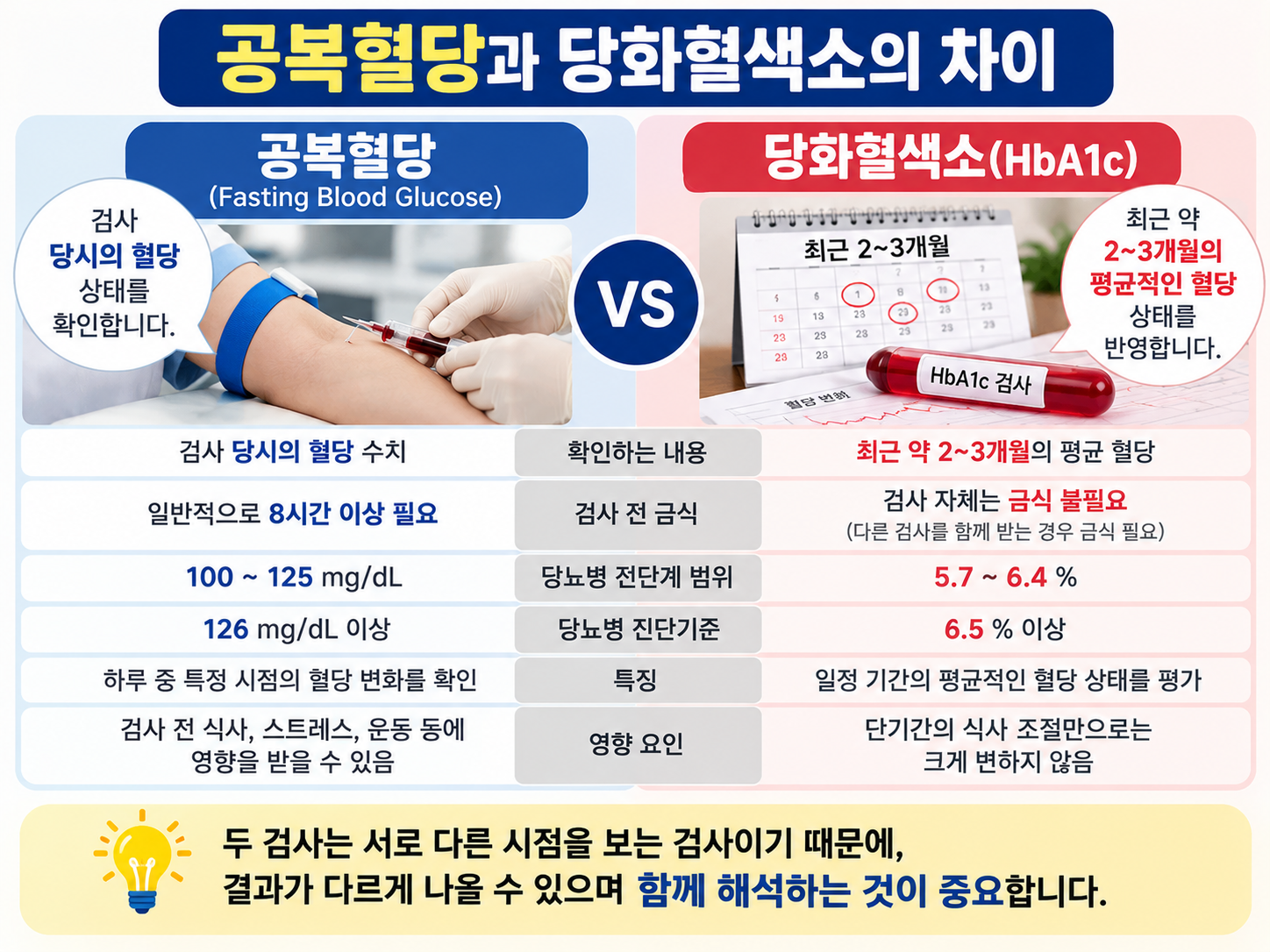 공복혈당과 당화혈색소의 차이를 설명하는 비교 이미지