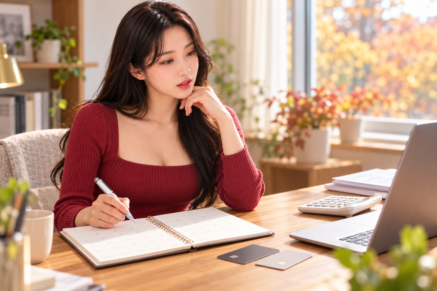 붉은 니트를 입은 여성이 카드와 달력이 놓인 책상에서 사용기간을 정리하는 장면