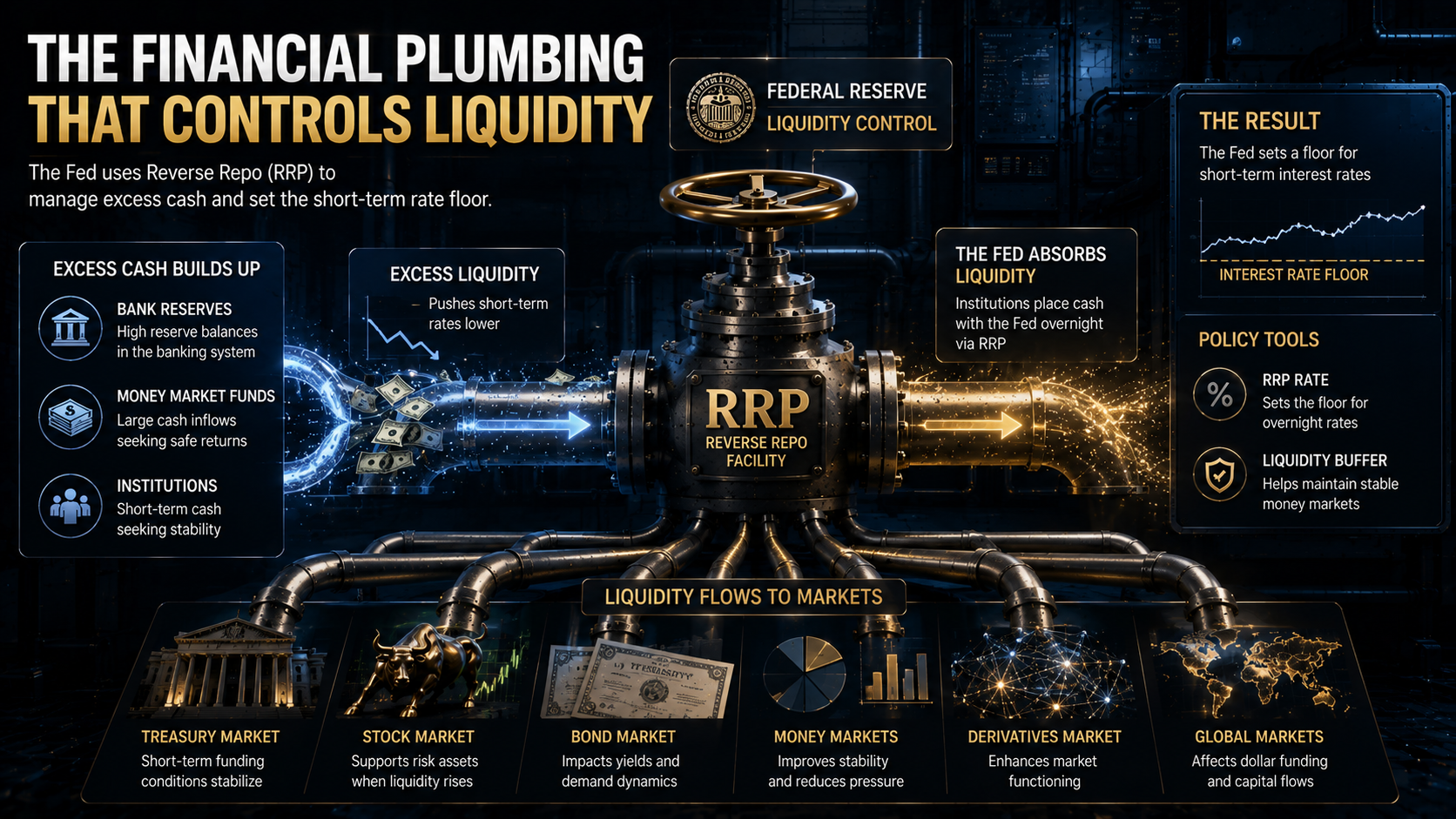 Federal Reserve financial plumbing system controlling liquidity through Reverse Repo RRP operations and interest rate management