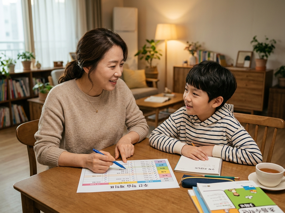 학습 계획을 함께 점검하고 대화하는 학부모와 학생