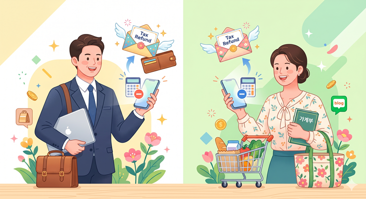 직장인 투잡러와 주부가 종합소득세 신고를 통해 떼인 세금을 환급받는 장면을 표현한 일러스트