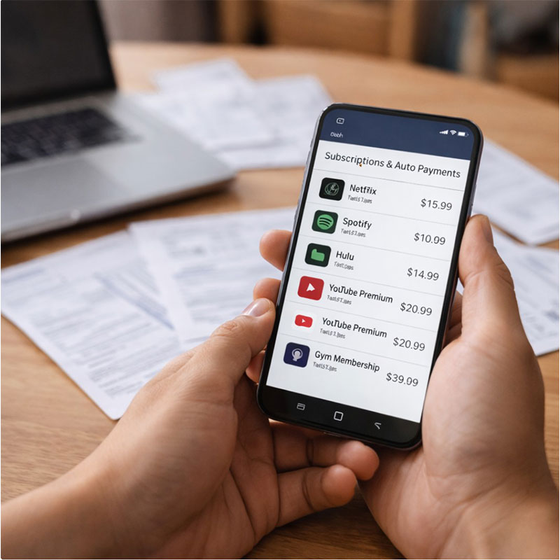 생활비 관리 중 구독 서비스와 자동 결제 내역을 스마트폰으로 확인하는 일상 장면