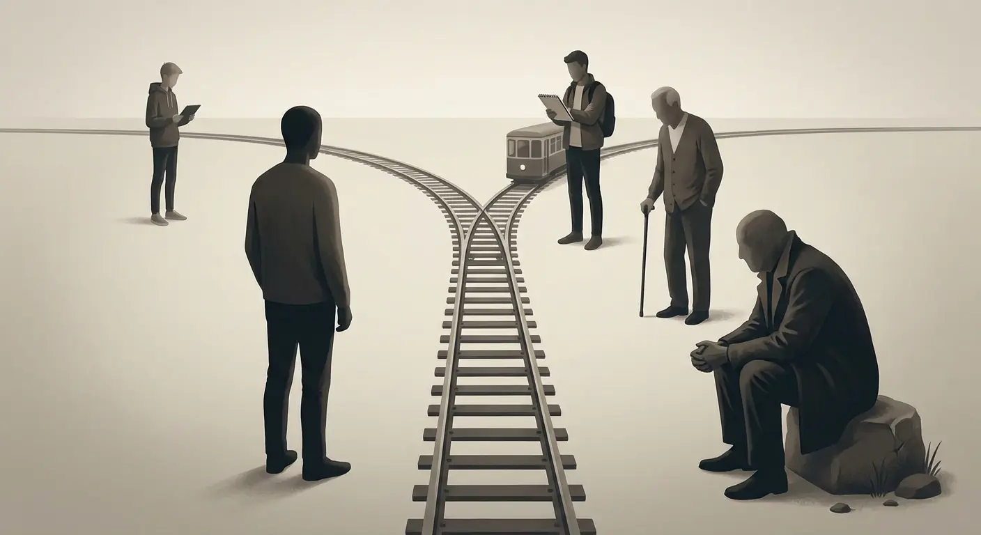 An illustration showing different generations interpreting the trolley problem differently
