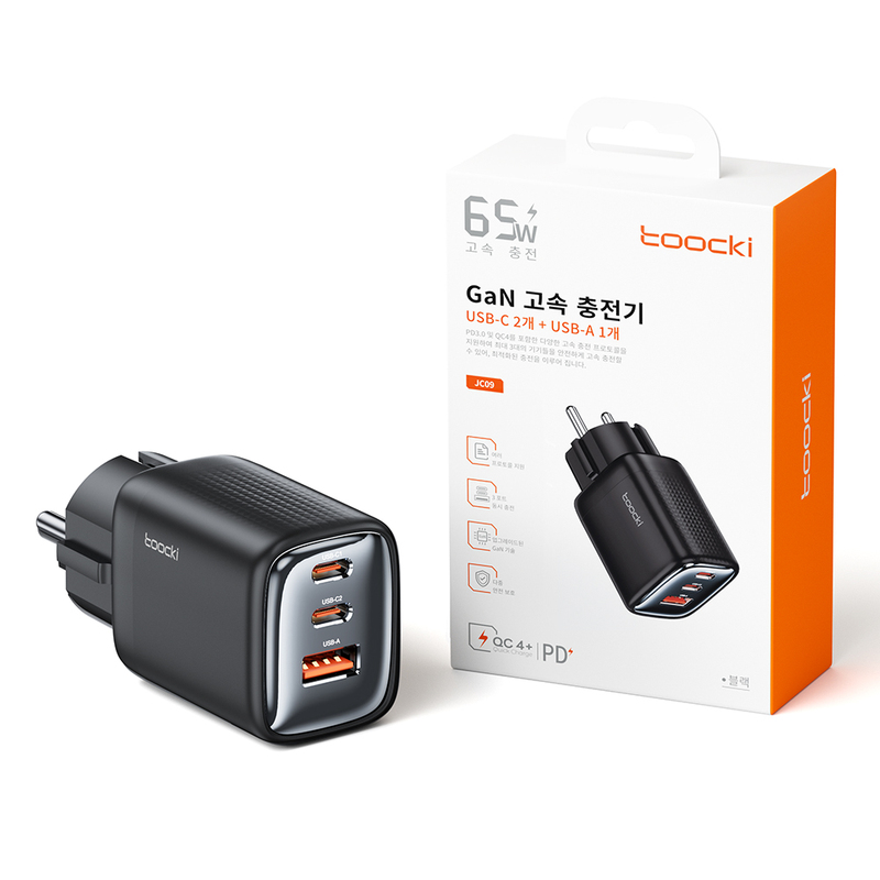 Toocki 65W GaN 고속 충전기 USB-C 2개 + USB-A 1개