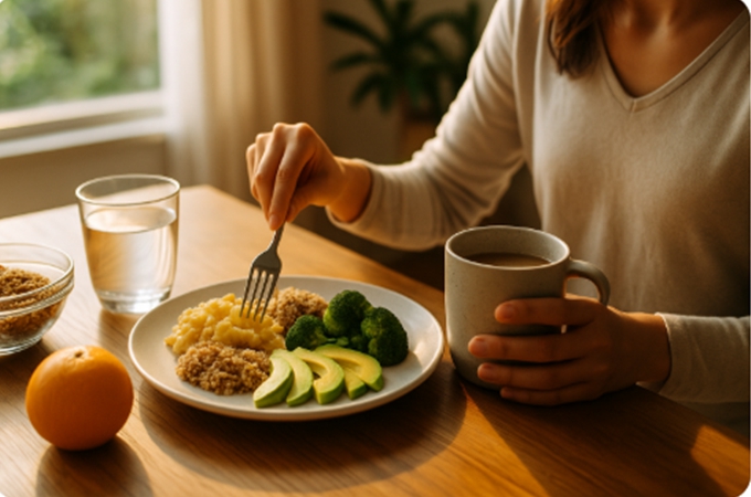 천연빛이 들어오는 식탁에서 아보카도, 브로콜리, 스크램블 에그, 퀴노아로 구성된 아침 식사를 준비하는 사람의 모습. 균형 잡힌 영양 식단과 건강한 라이프스타일을 상징하는 자연광 사진.