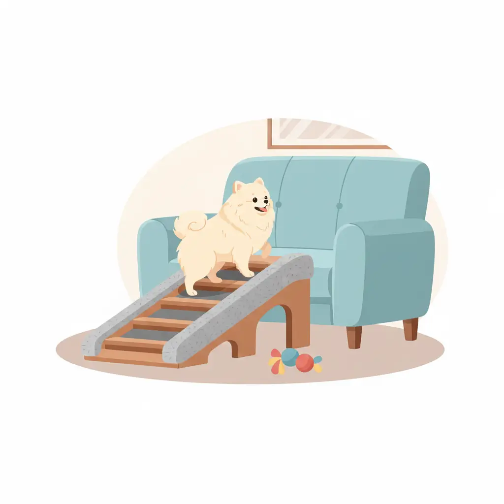 포메라니안이 소파에 오르내릴 때 사용하는 강아지 계단 또는 경사로가 설치된 삽화