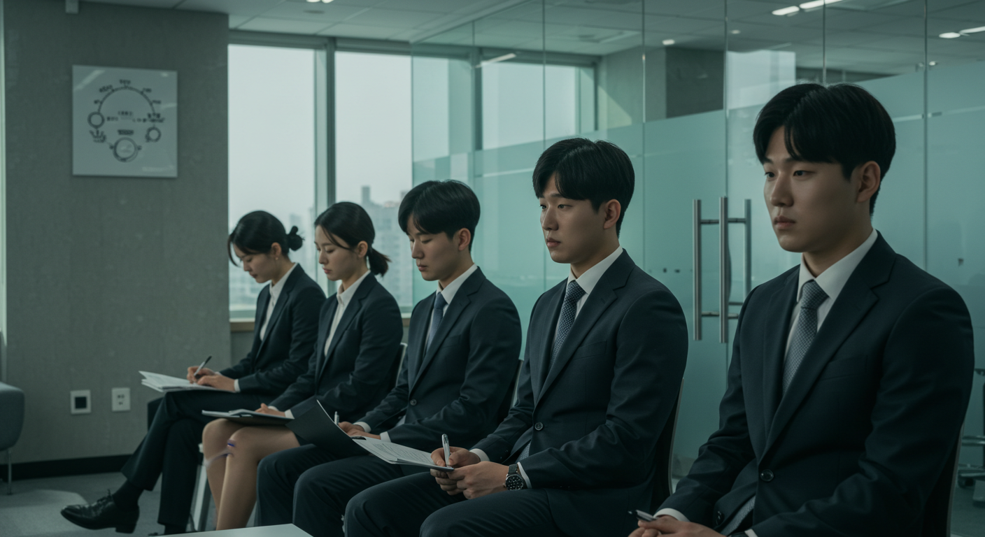 정장을 입은 취준생들이 면접을 기다리며 의자에 나란히 앉아 있는 모습