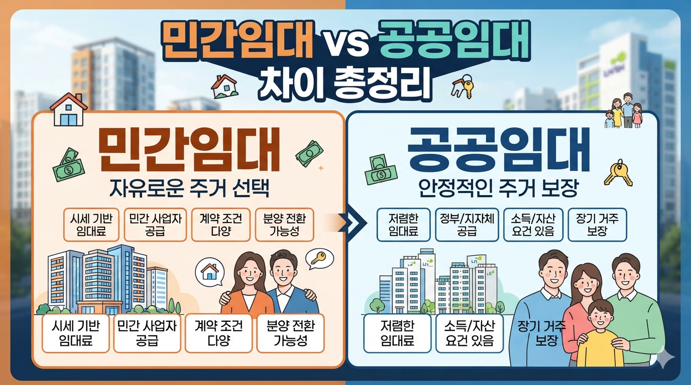 2026 민간임대 vs 공공임대 차이 비교표와 임대료, 입주자격, 거주기간, 장단점을 정리한 인포그래픽