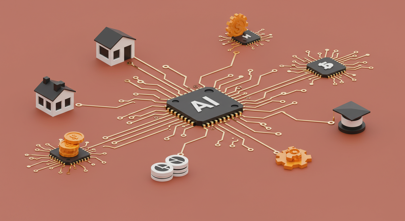 집·직장·건강·금융·교육 등 다양한 생활 아이콘을 AI 회로가 연결하는 모습을 표현한 대표 일러스트