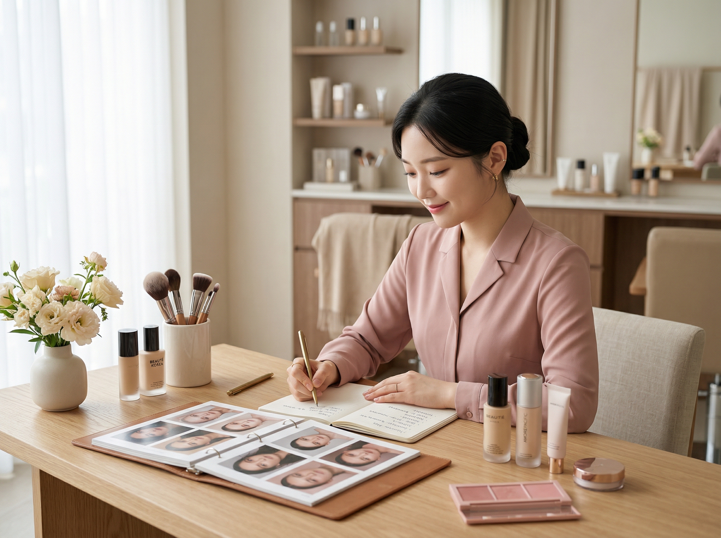 메이크업 취업 준비를 위해 포트폴리오와 직무 역량을 정리하는 장면입니다.
