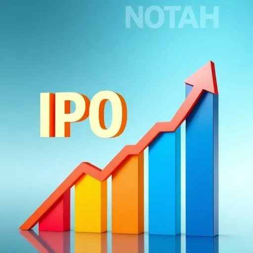 상승하는 그래프 위에 'IPO'와 'Growth'라는 단어가 함께 배치되어 있고, 그 뒤로 노타의 로고나 상징적인 이미지가 자리 잡고 있는 모습입니다. 공모를 통해 기업 가치가 성장하고 발전하는 과정을 은유적으로 보여줍니다.