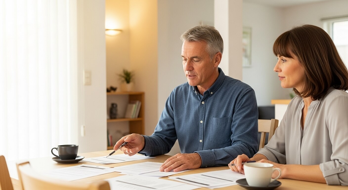 중년 부부가 집에서 근로장려금 신청 서류를 검토하는 모습