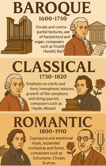 클래식 음악의 시대별 특징 관련 이미지