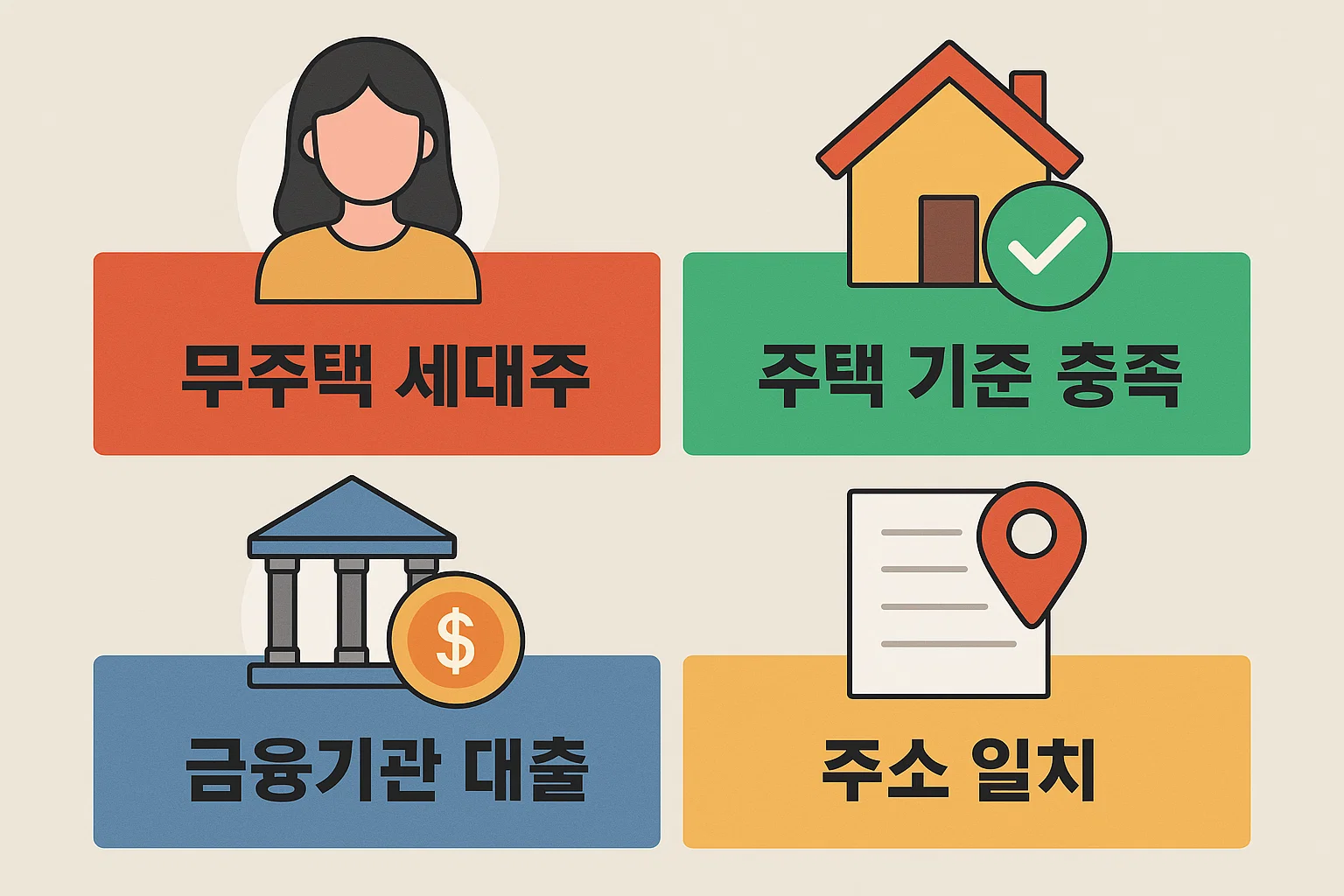 연말정산 전세자금대출 공제 적용을 위해 필요한 무주택 세대주 요건, 주택 기준 충족 여부, 금융기관 대출 요건, 주소 일치 조건을 한눈에 확인할 수 있도록 구성된 상세 안내형 이미지입니다
