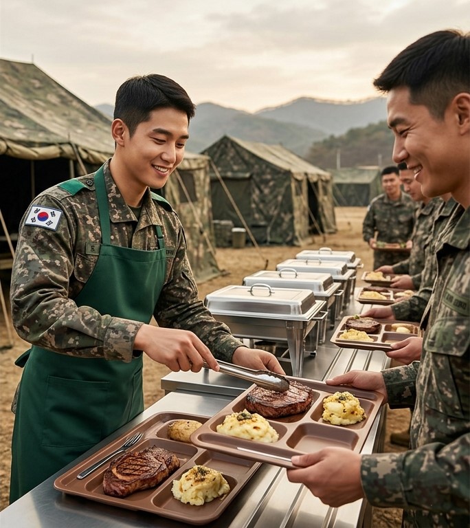 웹툰 캐릭터 싱크로율처럼 야외 훈련장에서 장병들에게 훈련용 급식 대신 고급스러운 요리를 배식하는 군대 취사반의 현실적인 장면