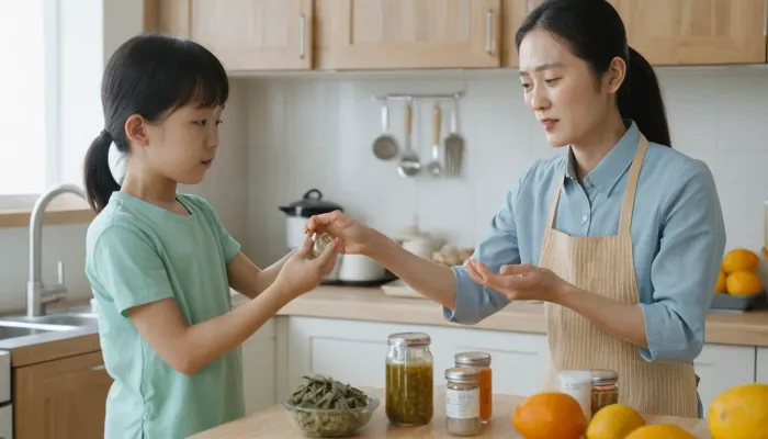 아이에게 면역력 영양제를 건네주는 모습