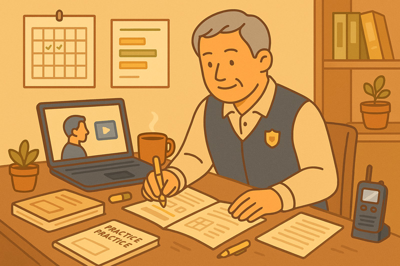 자격증 시험을 준비하며 책과 노트에 필기하는 중장년 남성