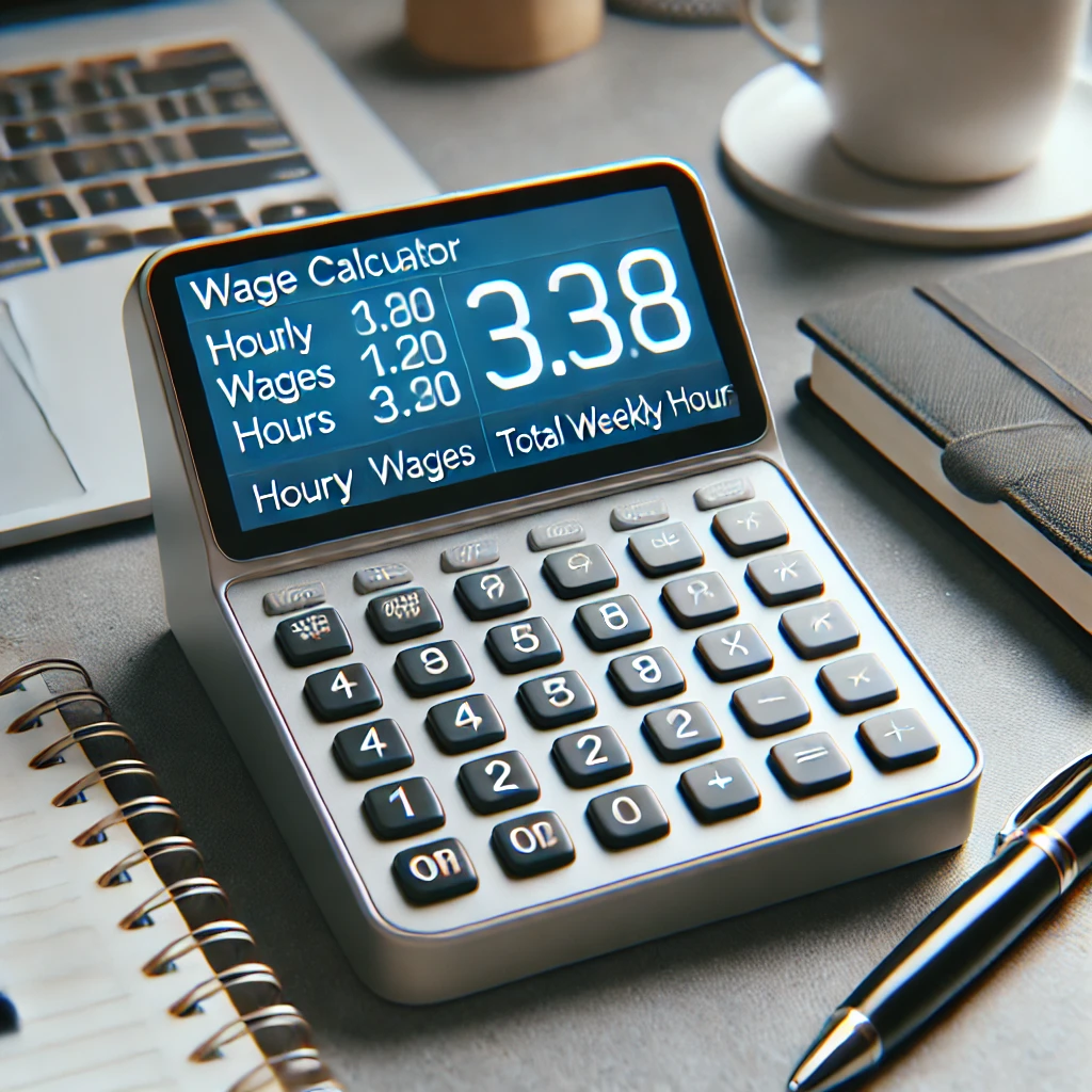 사무실 환경에서 주휴수당 계산기를 사용하는 장면으로, 계산기와 함께 근무 시간과 급여 입력 화면
