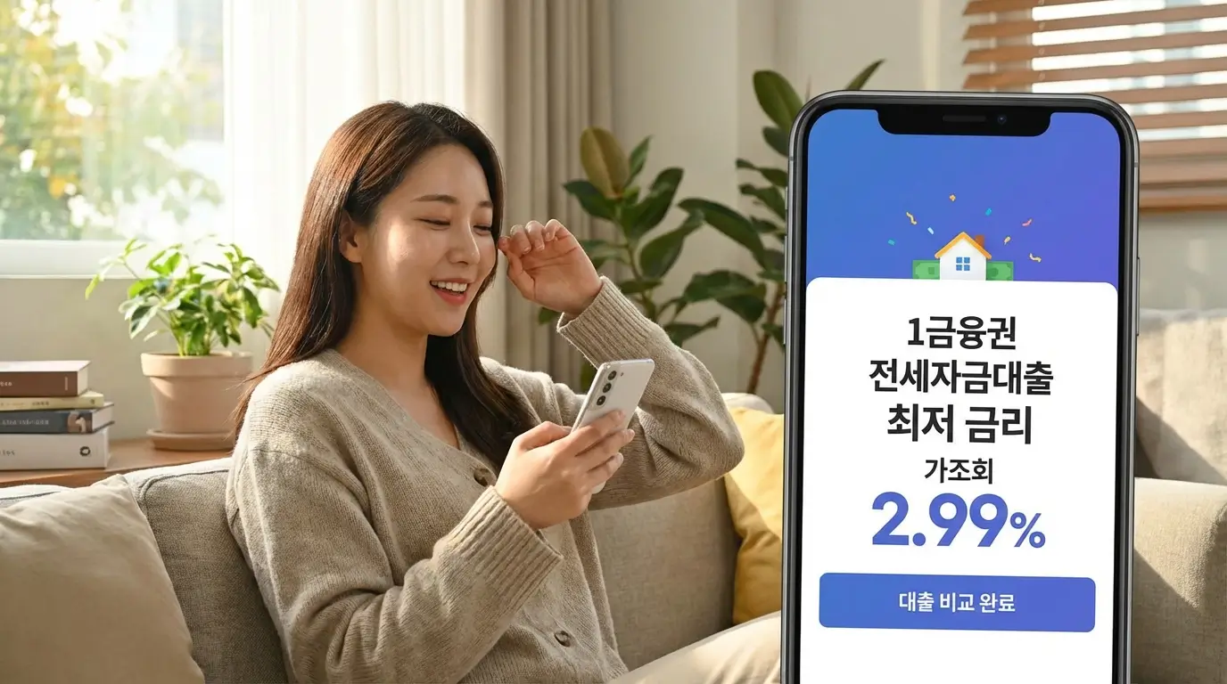 모바일 대출 비교 앱을 통해 은행 방문 없이 가장 저렴한 1금융권 전세 자금 대출 최저 금리를 가조회하고 안도하는 모습
