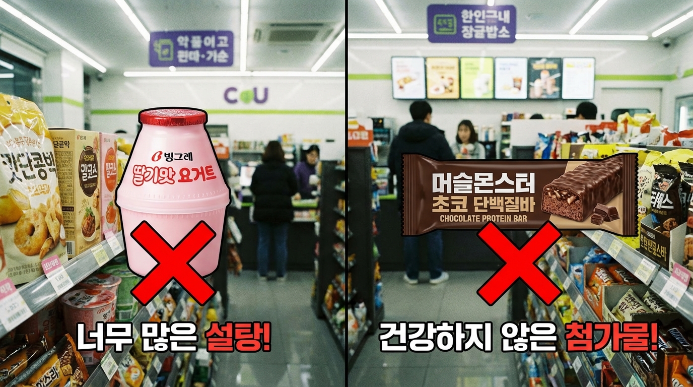 다이어트 식품으로 오해하기 쉬운 과일 맛 마시는 요거트와 초코 프로틴 바의 당류 위험성 경고 이미지