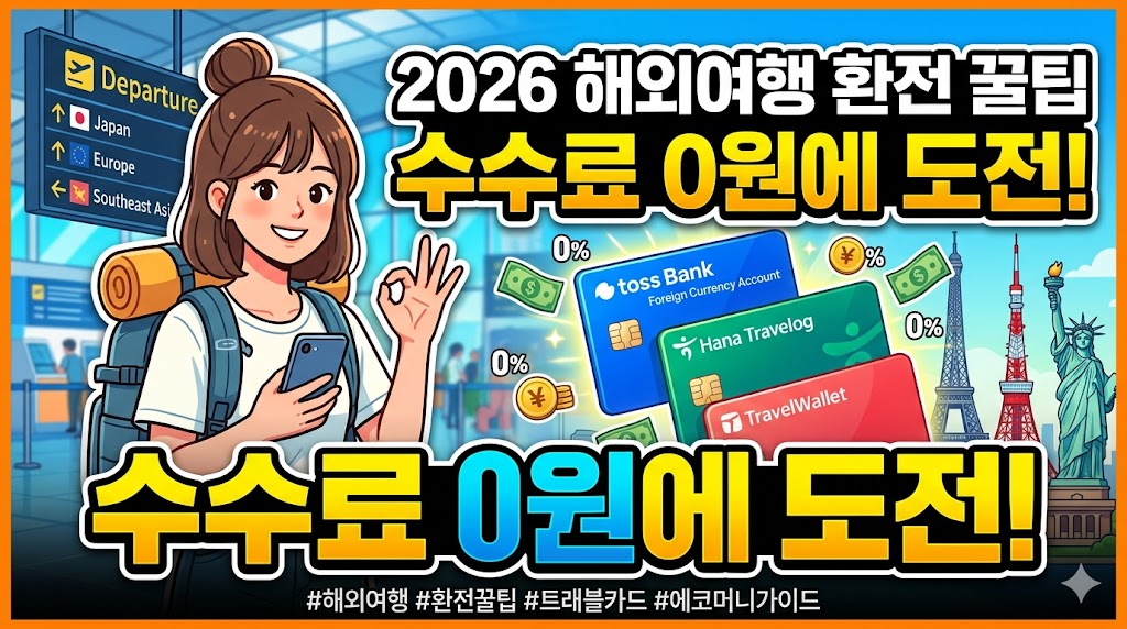 공항 출국장을 배경으로 배낭을 멘 여성 여행객이 스마트폰을 들고 오케이 포즈를 취하고 있는 일러스트. 중앙에는 토스뱅크, 하나 트래블로그, 트래블월렛 카드가 나란히 배치되어 있으며 주변에 0% 아이콘과 외국 동전, 지폐가 날아다니고 있다. 상단과 하단에는 "2026 해외여행 환전 꿀팁 수수료 0원에 도전!"이라는 문구가 노란색과 흰색의 굵은 글씨로 강조되어 있고, 맨 아래에는 해시태그가 적혀 있다.