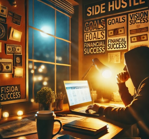 늦은 밤 부업에 몰두하는 모습을 담은 동기 부여 이미지 (어두운 방, 빛나는 노트북, 목표가 담긴 비전 보드 등)