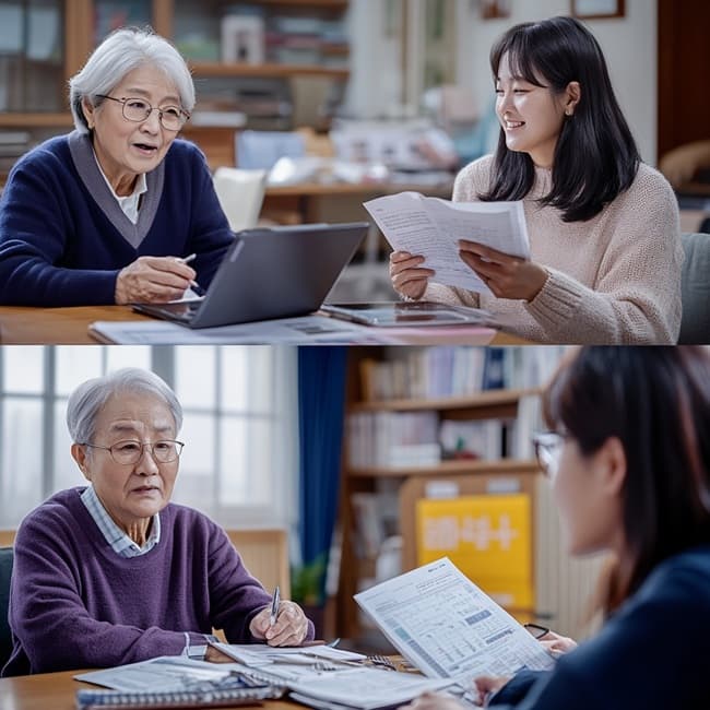 복지센터에서 시민에게 팸플릿을 전달하는 공무원