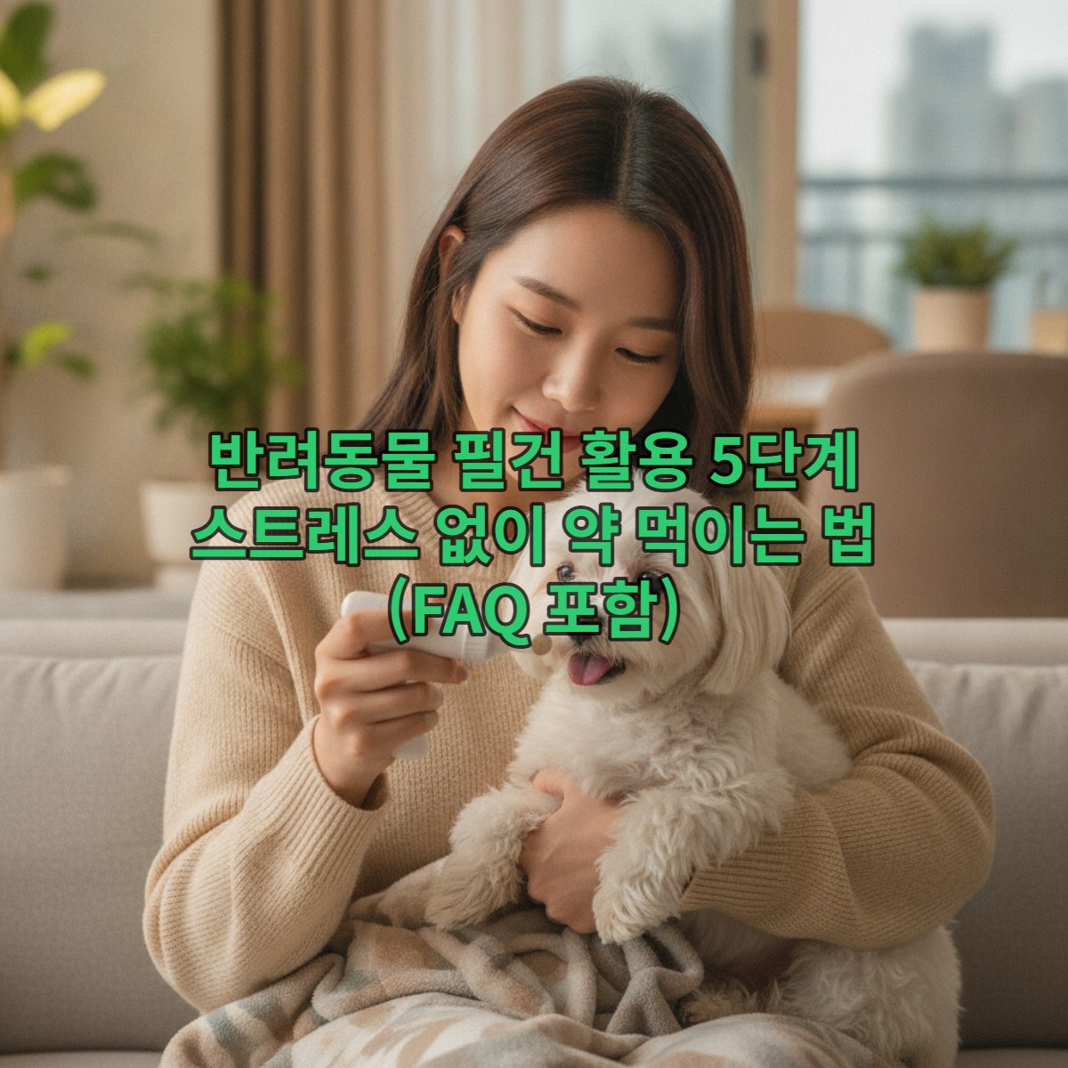 사랑스러운 강아지에게 필건을 이용해 약을 먹이는 젊은 보호자의 모습. 편안하고 차분한 분위기에서 투약이 이루어지고 있다.