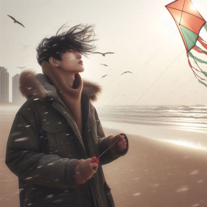 바닷가에서 젊은 남자가 연날리기를 하고 있다.