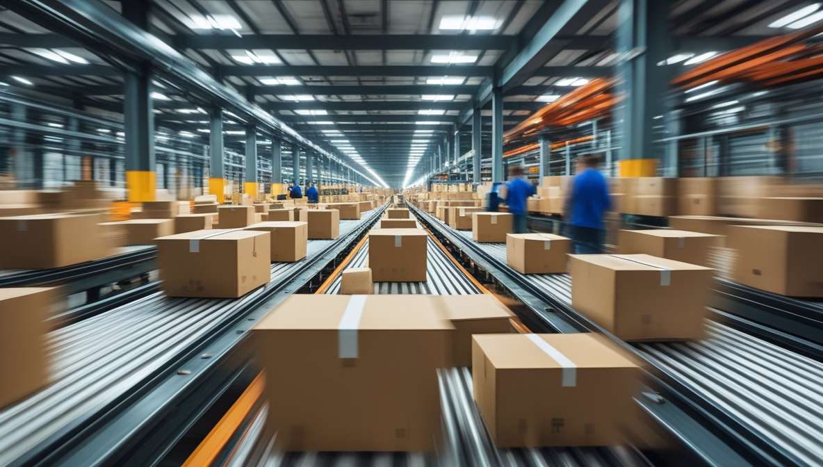 컨베이어 벨트 위로 수많은 택배 상자들이 빠르게 지나가는 물류센터 내부 전경. 역동적이고 분주한 느낌의 사진