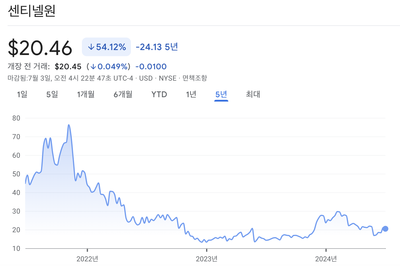 센티넬원 주가 차트