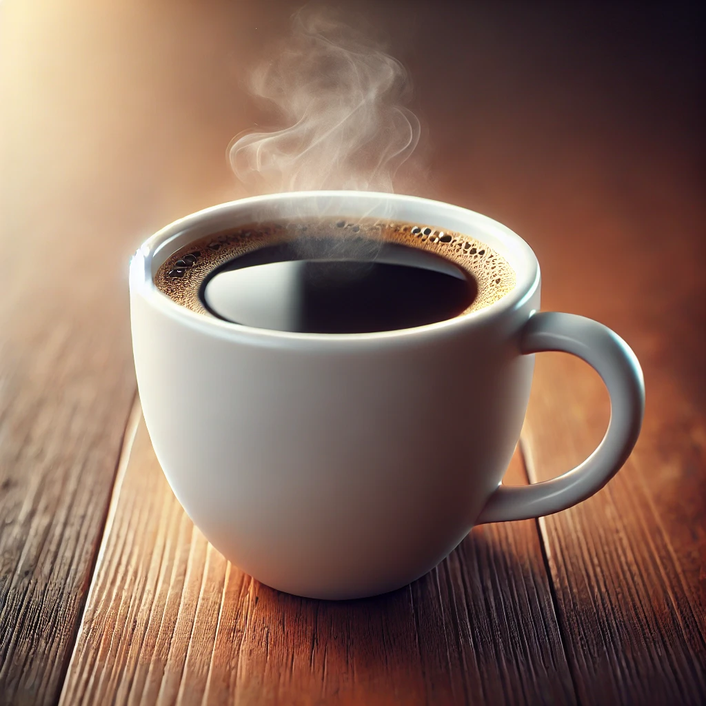 따뜻한 커피 한 잔이 하얀 세라믹 컵에 담겨 있으며, 커피 위로 김이 살짝 올라오고 나무 테이블 위에 놓여 있는 이미지.