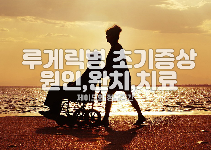 루게릭병 환자가 휠체어를 타고 보호자와 석양의 해변을 산책하고 있는 이미지