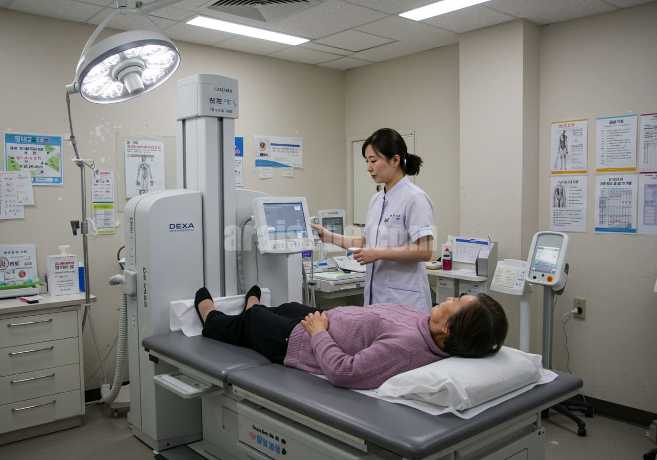 한국 여성(50대 후반)이 보건소에서 간호사와 C형 간염 항체검사와 골밀도 검사 항목에 대해 상담하는 장면. 의료 장비와 건강정보 포스터로 가득한 공공 보건기관의 진료 환경을 보여주는 현실적인 이미지.