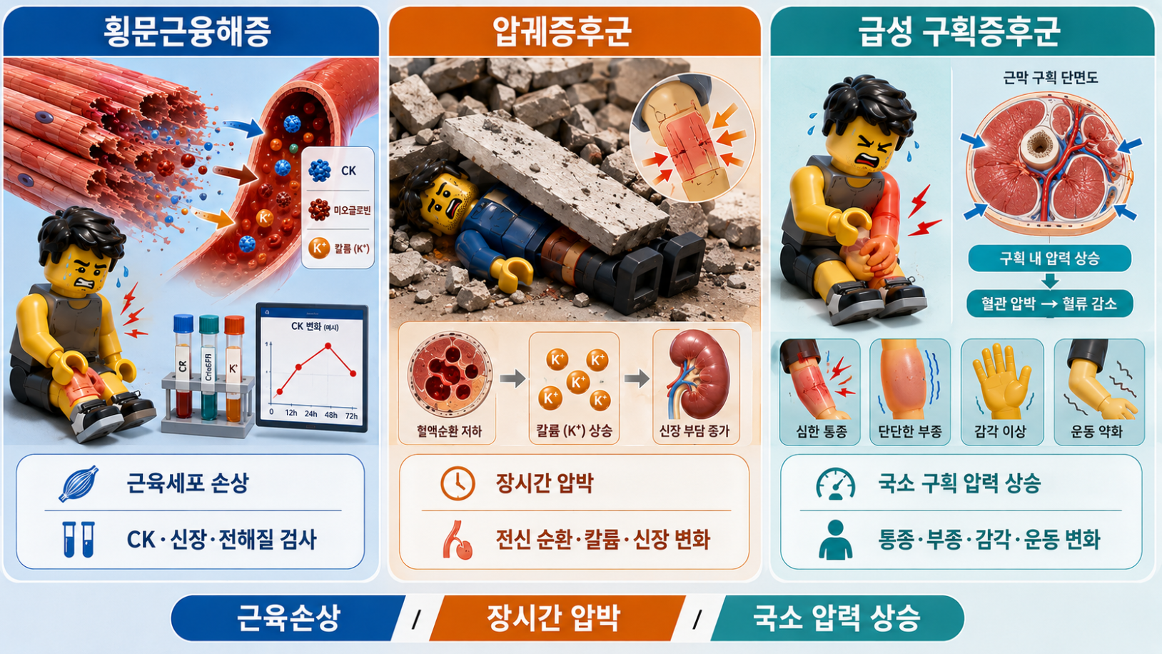 횡문근융해증, 압궤증후군, 급성 구획증후군의 차이를 비교한 의료 인포그래픽