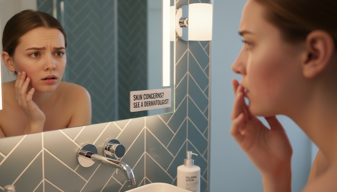 거울을 보며 환절기 피부 트러블과 붉은기로 고민하는 여성의 모습