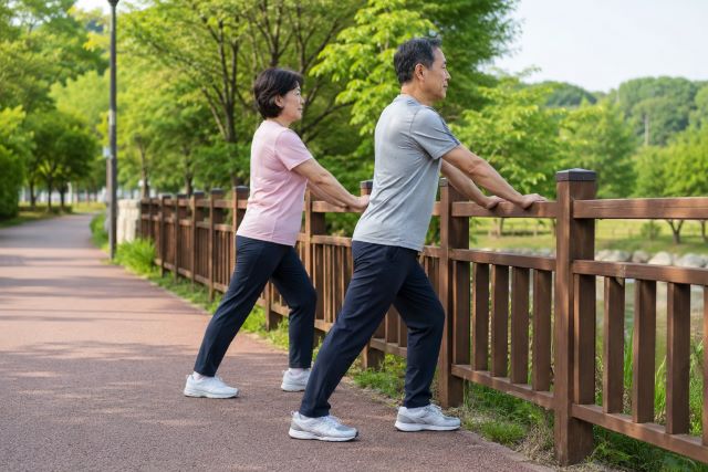 걷기 전 난간을 잡고 안전하게 종아리를 스트레칭 하는 60대 부부