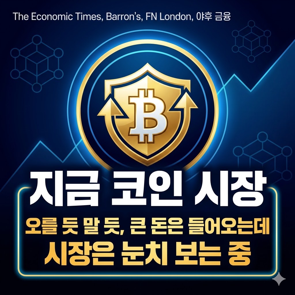 파란색 네온 배경과 상승 그래프 위에 비트코인 심볼이 새겨진 황금색 방패가 있는 이미지. 상단에는 The Economic Times, Barron's 등 주요 외신 명칭이 나열되어 있으며, 하단 박스에는 2026년 가상자산 시장의 관망세를 나타내는 '지금 코인 시장 분위기 정리' 핵심 문구가 가독성 높은 흰색과 노란색 폰트로 작성됨.