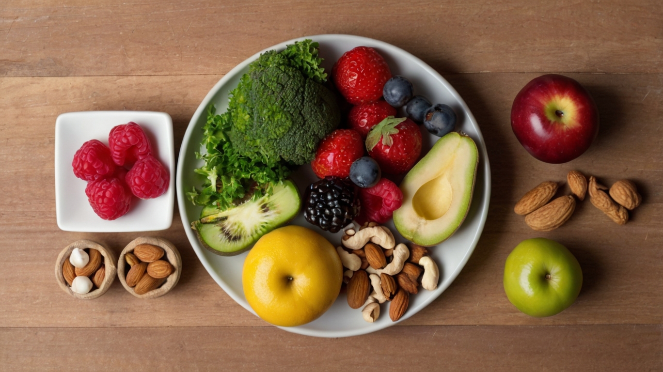 내장지방을 줄이는 데 도움이 되는 신선한 과일, 견과류, 채소가 담긴 식단 사진. 브로콜리, 딸기, 블루베리, 라즈베리, 키위, 아보카도, 사과, 견과류 등이 깔끔한 나무 테이블 위에 놓여있다.