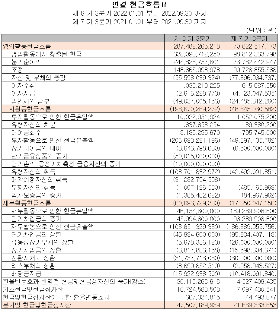 심텍 - 현금흐름표