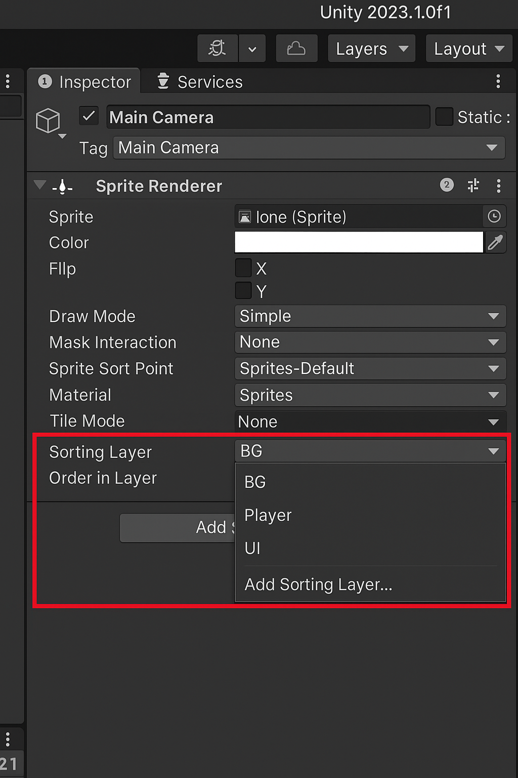 Unity에서 Sorting Layer 및 Order in Layer를 설정하여 스프라이트 앞뒤 순서를 조정하는 화면