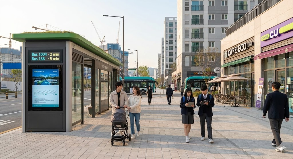 에코델타시티 입주 1년 차 거리 풍경, 스마트 버스 정류장과 신규 상가, 활기찬 주민들의 모습